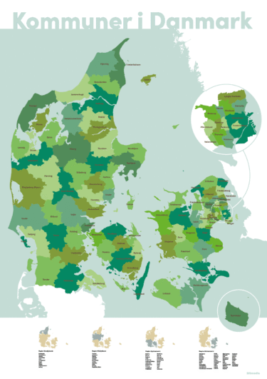 Kort over alle kommuner i Danmark. Med byer. Kommunerne kan farvelægges individuelt. I friske farver.
