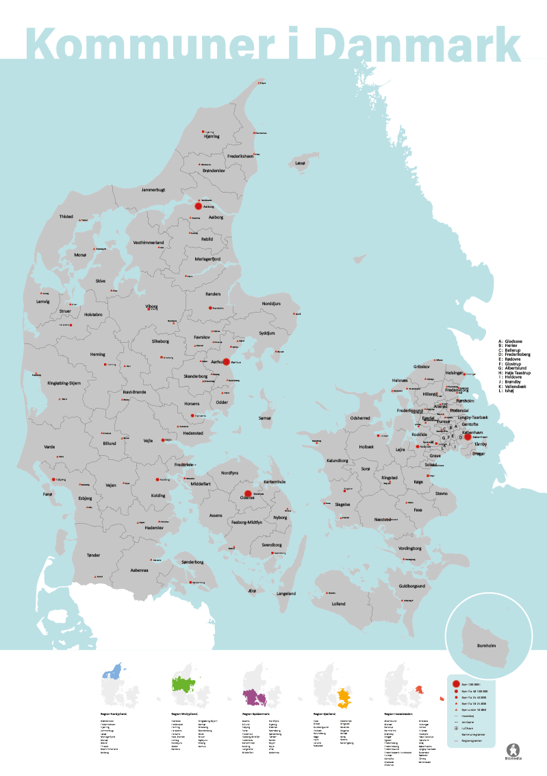 Kommuner og byer i Danmark landkort.