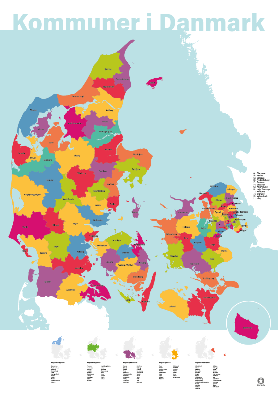 individuelle kommuner i danmark vist som danmarkskort. Kommunegrænserne er defineret af områdefarver