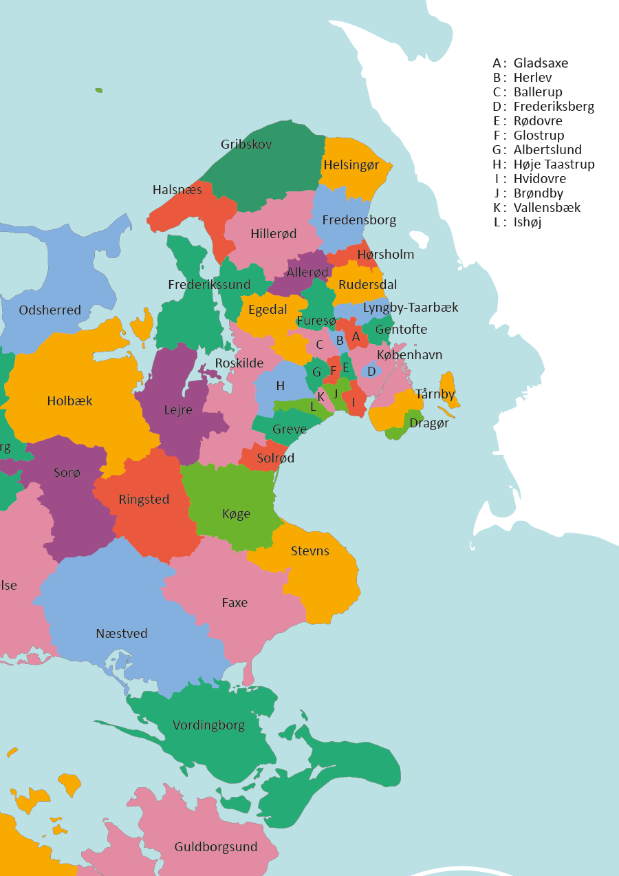 individuelle kommuner i danmark vist som danmarkskort. Dette er et eksempel på detaljerne som vise et udsnit af sjælland